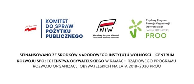 Logos of Komitet do Spraw Pożytku Publicznego, Narodowy Instytut Wolności, and PROO with a Polish funding notice for a government civil-society development program (2018–2030).